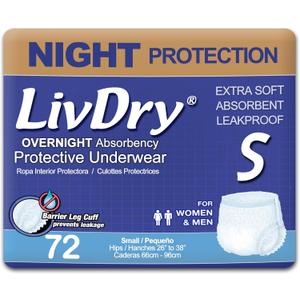 LivDry Adult S Incontinence Underwear, Overnight Comfort Absorbency, Leak Protection, Small, 72-Pack (Small (72 Count))