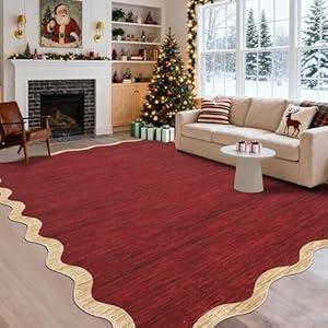 GarveeHome Washable Rug 9x12 Area Rug for Bedroom Farmhouse Scalloped Living Room Rug Non Slip Large Area Rug Low Pile Throw Rugs Stain Resistant Carpet for Dining Room, Red 9'x12'