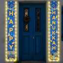 Happy Hanukkah Banner with String Light Hanukkah Porch Sign Banner Chanukah Porch Decorations Jewish Festival Holiday Celebration Decor Party Supplies for Indoor Outdoor Front Door (No Battery)
