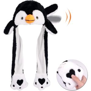 Animal Hat with Ears Moving Jumping Pop Up Beating Hat Plush Holiday Cosplay Dress Up Funny Gift for Kids, Penguin
