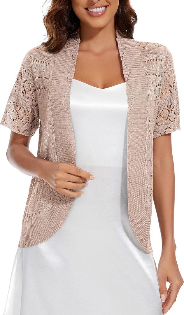 Women's Open Front Bolero Shrug Lightweight Knit Hollow Out Cropped Cardigan (M)