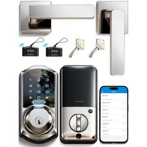 Veise VE07-L Fingerprint App Control Smart Locks with Heavy-Duty Zinc Alloy Handles, Keyless Entry for Front Door, Digital Electronic Touchscreen, Auto Lock, Waterproof, Easy Install, Satin Nickel