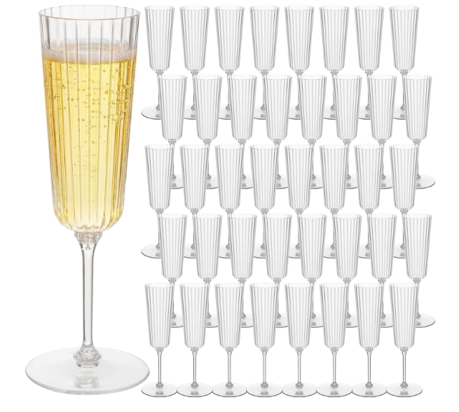 Jingmore 48 Pcs Plastic Ribbed Champagne Flutes With Stem, 6.4 oz Clear Vintage Disposable Champagne Glasses for Wedding Birthday Anniversary (Clear)