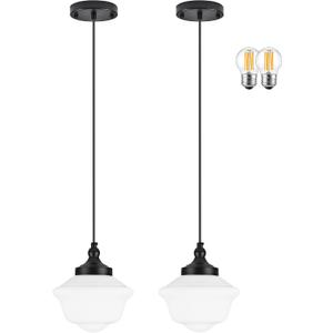 2 Pack 8" Milk Glass Pendant Light Black Schoolhouse Light Fixture Schoolhouse Pendant Light Milk Glass Light Fixture Mid Century Modern Ceiling Light for Bedroom Bathroom Kitchen (Bulb Incl.)