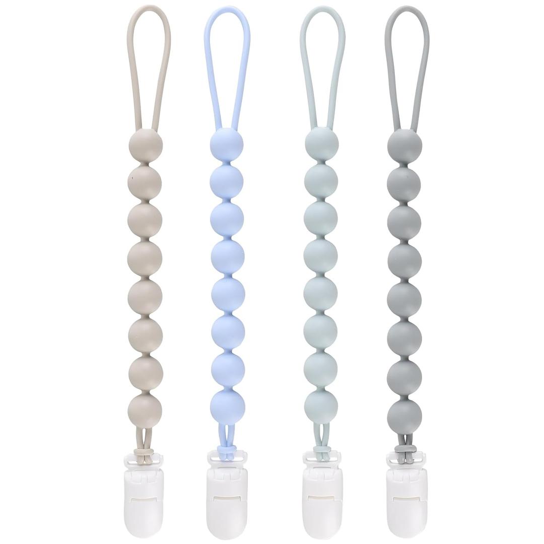 2 x 4-Pack Silicone Pacifier Clips for Baby Boys and Girls - with One-Piece Beads, Flexible and Rust-Free Holders for Teething Relief and Baby Essentials - Safe for Newborns (Grey)