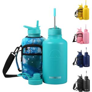 64 Oz Insulated Water Bottle with Strap Stainless Steel Sports Water Bottle with 3 Lids (Straw, Chug and Flip Lid) Leak Proof Metal Half Gallon Jug for Men & Women - Teal
