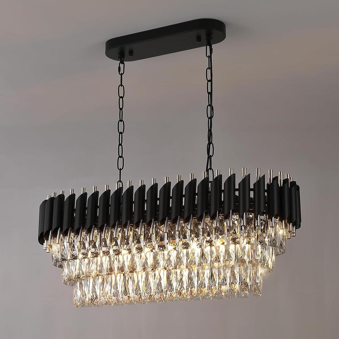 A AXILIXI Modern Rectangular Chandelier Black and Gold Crystal Chandeliers for Dining Room Linear Ceiling Pendant Light Long 32 Luxury Oval Chandelier 8 Lights for Kitchen Island Living Room