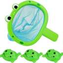 Baby Bath Toys 1 Pcs Frog Animals Fishing Net with 3 Pcs Water Floating Sea Animals Frog Toys, Bathroom Pool Water Floating Accessory Duck Crab Frog Fishing Play Set for Toddlers