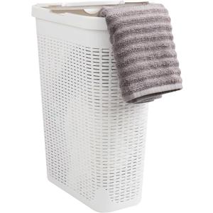 Mind Reader Slim Laundry Hamper with Lid, 40L Clothes Basket, Narrow Tapered Design with Ventilated Cutout Pattern, Plastic, White, Single