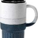 Ceramic Car Cup with Handle and Straw, 20oz Travel Mug with Lid, Large Portable Coffee Tumbler for Hot & Cold Beverages  Modern Tri-Color Design (Blue)