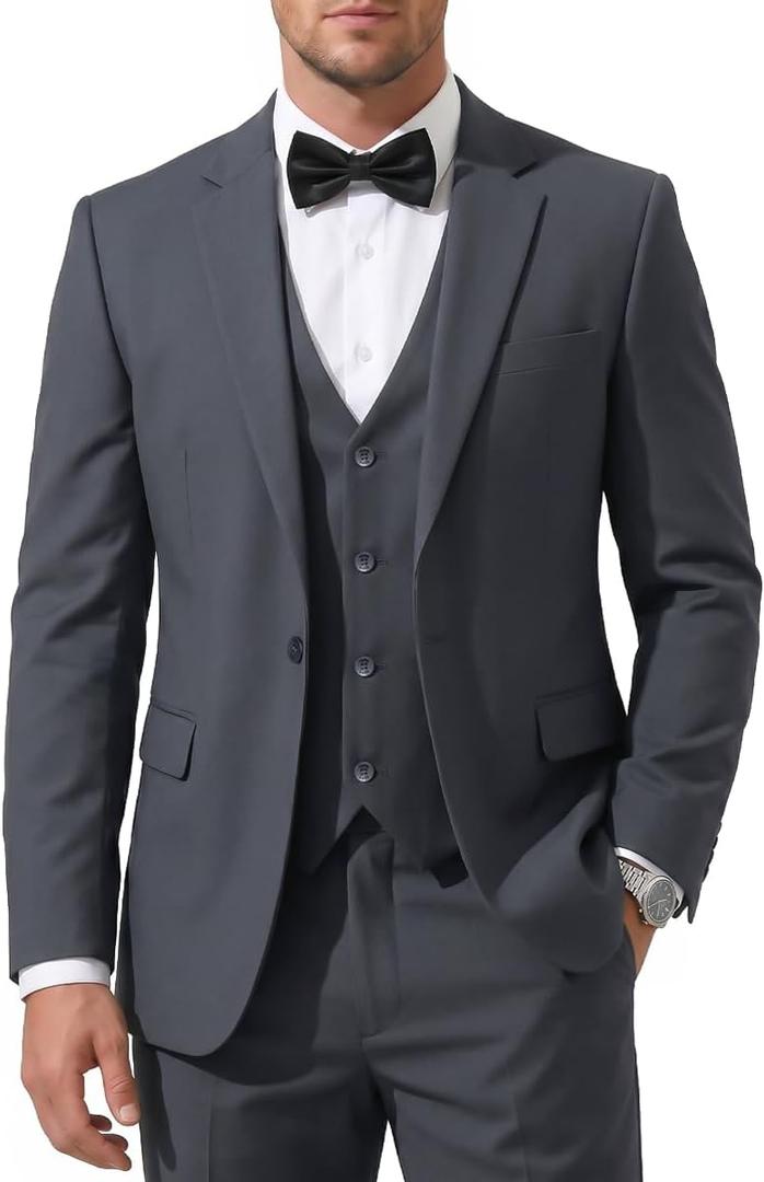 Men's 3-Piece Slim Fit Suit with Bow Tie, Single Button Blazer Vest Pants Set for Wedding Business, Formal Suit for Men (Large, Dark Grey)