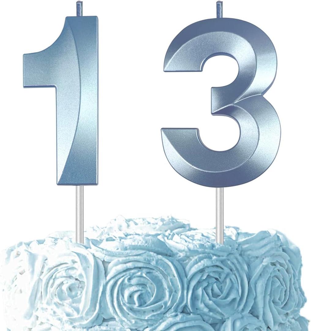 Blue Number 13 Candles, 3D Diamond 2.76 Inch Cake Topper Birthday Candles for Wedding Anniversary Cake Decorations, Happy Birthday Party Decorations