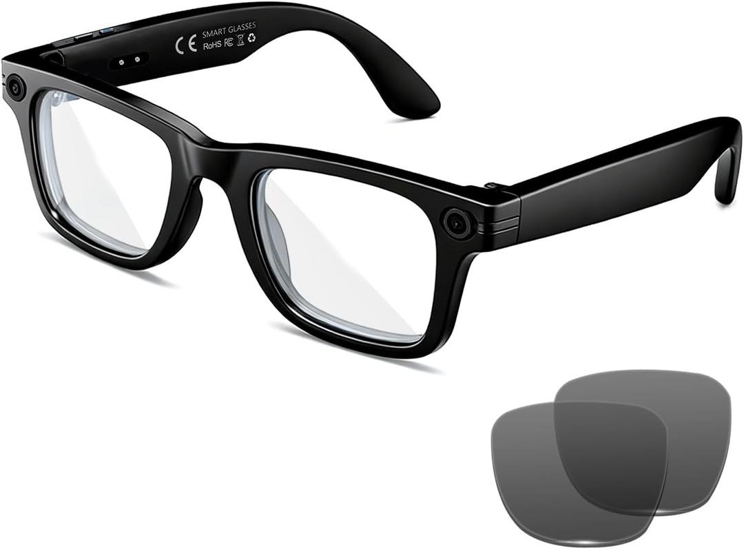 AI Smart Glasses with 8MP Camera, 1080P Video & HD Photo, Bluetooth Audio, AI Voice Assistant, Real-Time Translation, Object Recognition, Noise-Cancel Calls, Photochromic +2 Sunglasses Lenses (Black)