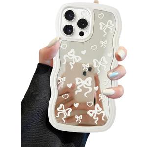 2 x Jusy Compatible with iPhone 15 Pro Max Case with Wavy Edge, Cute White Big Bow Mirror Curly Phone Cases, Shockproof Hard PC & Soft TPU Bumper Protection Cover for Women Girls-Big Bow