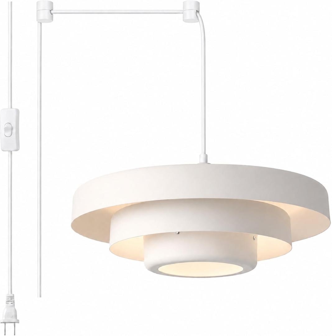 White Plug in Pendant Light, Plug in Chandelier Mid Century Modern Pendant Lamp, 3-Tier Matte Metal Hanging Light Fixture with Long Cord & On/Off Switch, Swag Lamp for Dining Room Bedroom Living Room, 17.7 inches