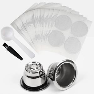 Reusable Espresso Capsules Refillable Coffee Pods Stainless Steel Cups Filters Compatible for Nespresso Original Line Machines with Aluminum Foil Seals Stickers Lids (2 Cups)