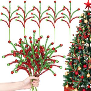 Norme 12 Pcs Red and Green Sparkle Christmas Tree Picks and Spray Christmas Tree Topper Decoration 13.8 Inch Artificial Glitter Curly Pick Stem Branches with Ball for Xmas Vase Filler Wreath Craft