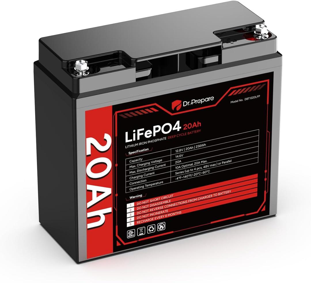 DR.PREPARE 12V 20Ah LiFePO4 Lithium Battery with Grade A+ Cells, 4000+ Deep Cycle Lithium Iron Phosphate Rechargeable Battery with 20A BMS for Fish Finder, Solar, Lighting, Alarm System