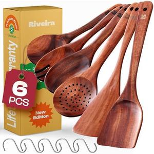Riveira's 6-Piece Dark Brown Wooden Spoons for Cooking - Elegant Kitchen Essentials/Kitchen Utensils Set for Every Culinary Need Spatula, Set of 2