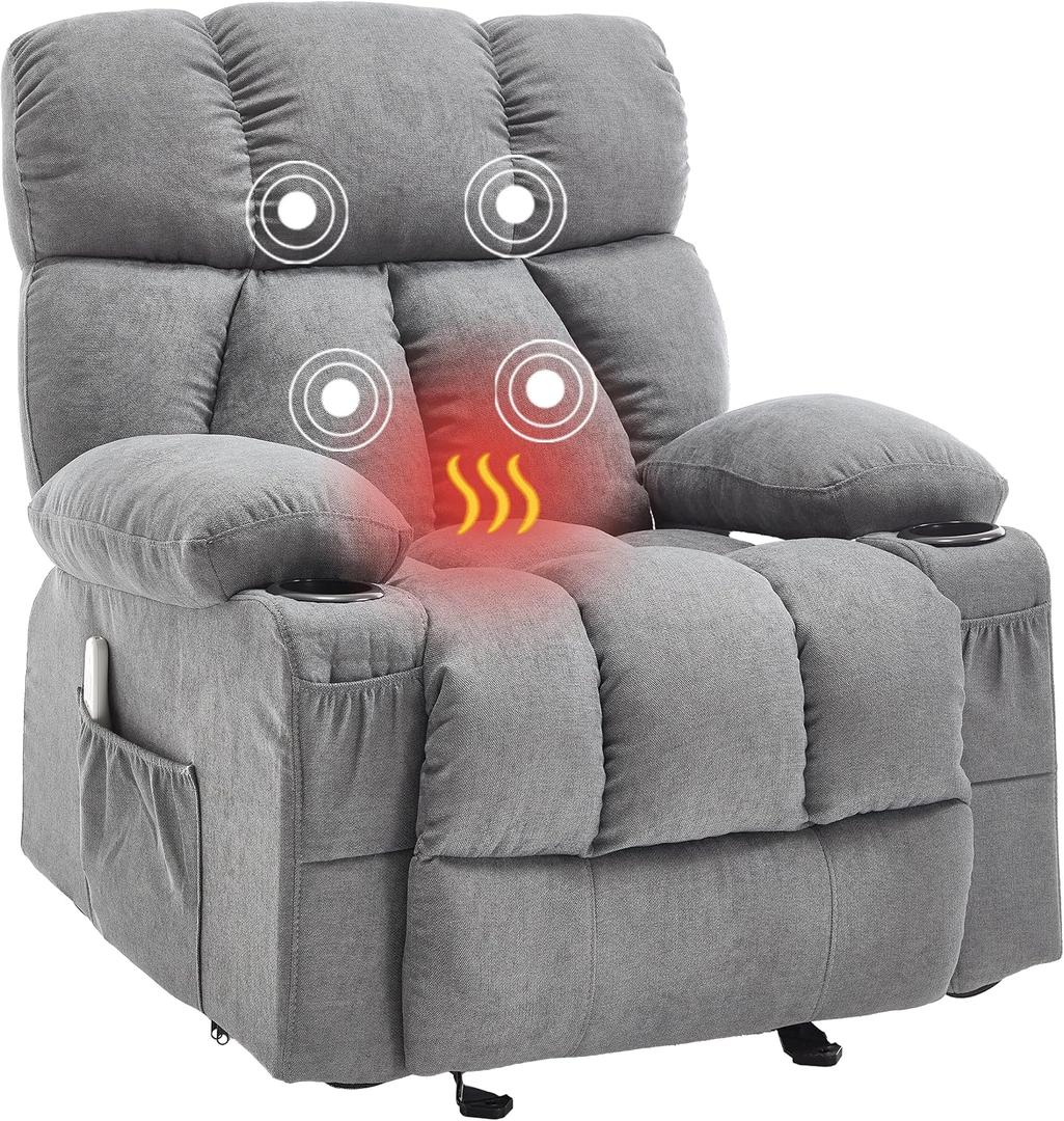 Massage Rocker Recliner Chair with Heat and Vibration Ergonomic Rocking Lounge Chair for Living Room Comfy Overstuffed Recliner with 4 Side Pockets,2 Cup Holders, Grey