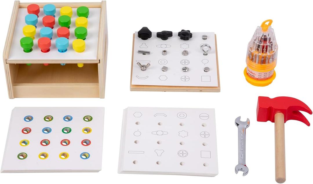 Adena Montessori 2 in 1 Montessori Screwdriver Board Set & Hammer Peg Toy Game Wooden Tool Set for Kids 3 4 5 Year Old