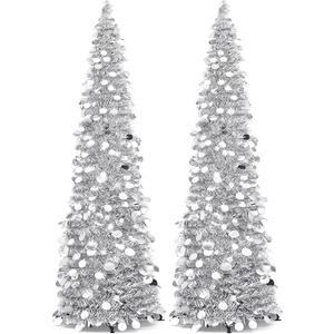 Leyndo 2 Pcs 5 ft Collapsible Artificial Christmas Tree Pop up Silver Sequined Tinsel Pencil Skinny Xmas Tree for Home Fireplace Decoration