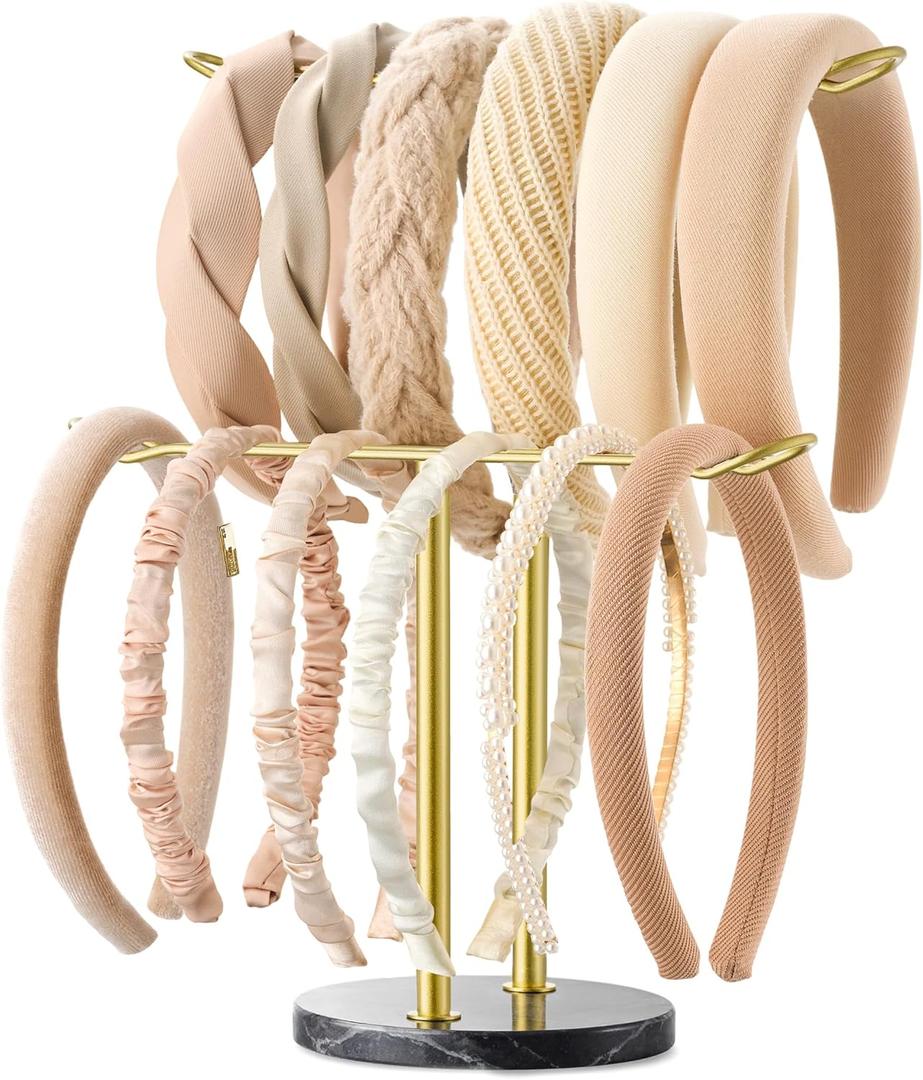 Headband Holder Organizer Two-Tier with Marble Base: Jewelry Display for Women, Hair Accessories Storage Stand Scrunchie Necklace rack for Girls, for Bathroom, Vanity, Dresser, Black and Gold