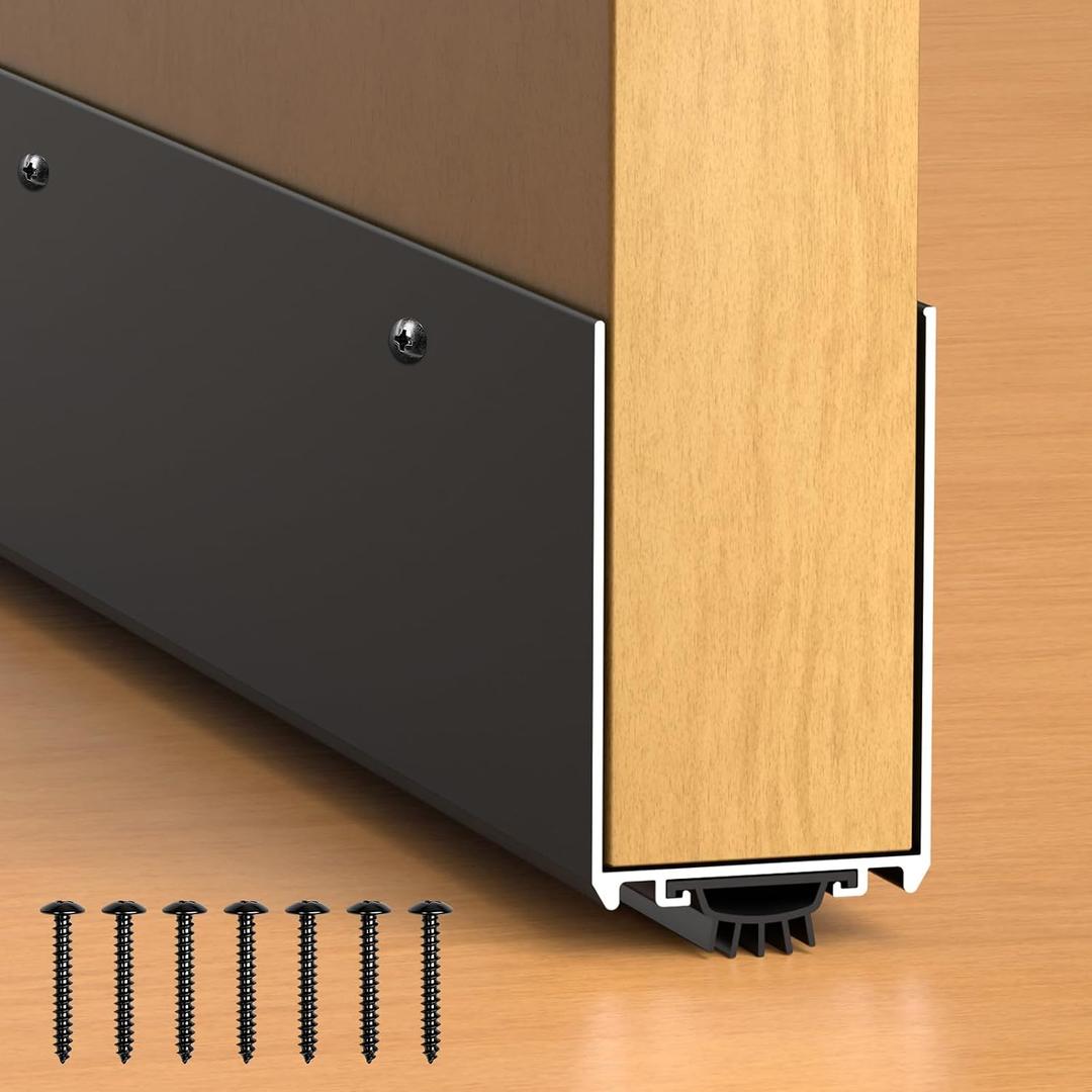 Aluminum Door Draft Stopper, 1-3/4 x 48 Weather Stripping Seal with Kick Plate, Under Door Gap Filler, U-Shape Door Sweep for Bottom of Doors Exterior/Interior (Black, 1 Pack)