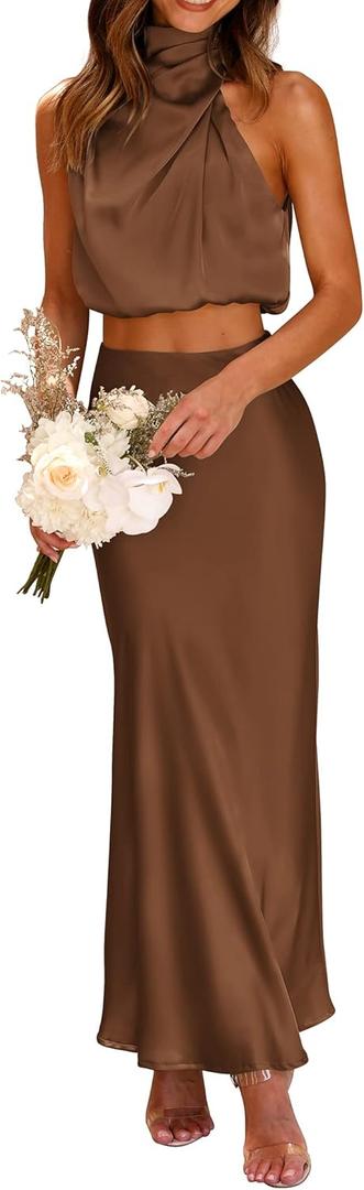 PRETTYGARDEN Women's 2 Piece Satin Outfits Summer Sleeveless Mock Neck Crop Tops and Long Skirt Dress Sets (Medium, Khaki)