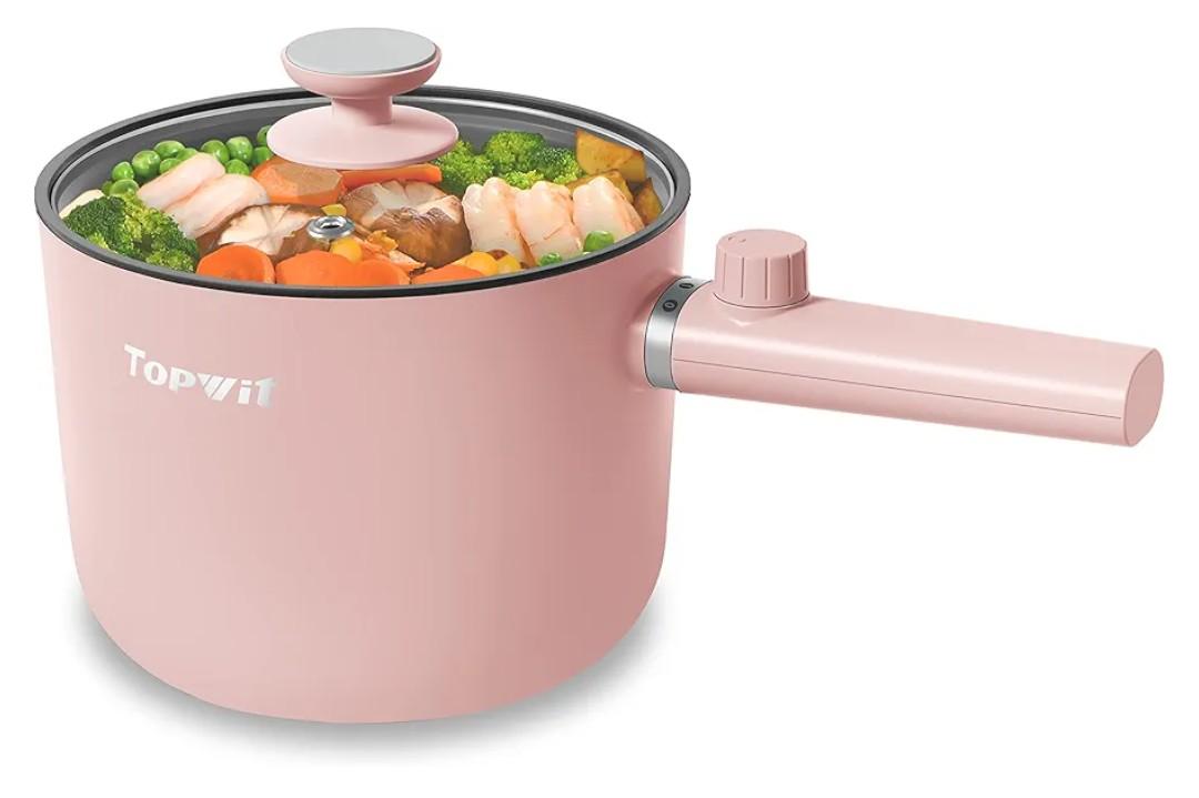 Topwit Hot Pot Electric, 1.5L Ramen Cooker, Portable Non-Stick Frying Pan, Electric Pot for Pasta, Steak, BPA Free, Electric Cooker with Dual Power Control, Over-Heating & Boil Dry Protection, Pink