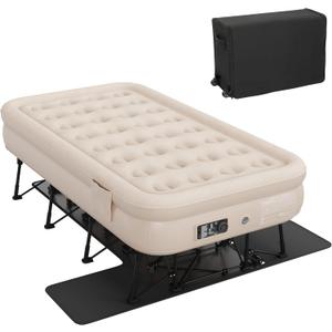 DWVO Inflatable Twin Air Bed with Folding Frame & Rolling Bag, Built-in Pump Blow Up Mattress for Camping, Guest Room & Travel, Portable Air Mattress with Case, 75 x 39 x 24 Inches, Brown