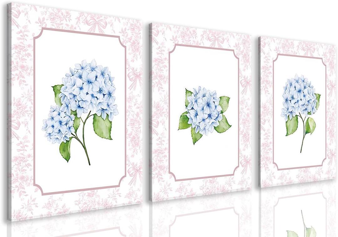 Blue Hydrangea Wall Art Set of 3, Preppy Blue Hydrangea Canvas Prints Poster Picture, Floral Aesthetic Wall Decor for Teen Girls Bedroom Dorm Apartment 16x24 Inch Framed