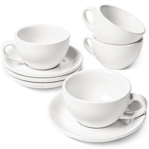 LE TAUCI 8 oz Cappuccino Cups with Saucers，Ceramic Large Coffee Cup for Au Lait, Double shot, Latte, Cafe Mocha, Tea - Set of 4, White
