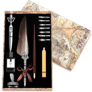 Vintage Quill Pen Ink Set,Feather Quill Pens with Wooden Calligraphy Pen, Including 7 Different Sizes of Nib, Calligraphy Pen Set Gift & Women and Man(Grey)