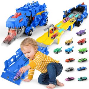 Dinosaur Car Toy with 12 Alloy Cars,45 inch Foldable Track & Launch Button for Two-Player Racing,Transforms into Dino & Swallow System,Ideal Xmas Birthday Gift for Boys Girls Ages 3-12 (Blue)