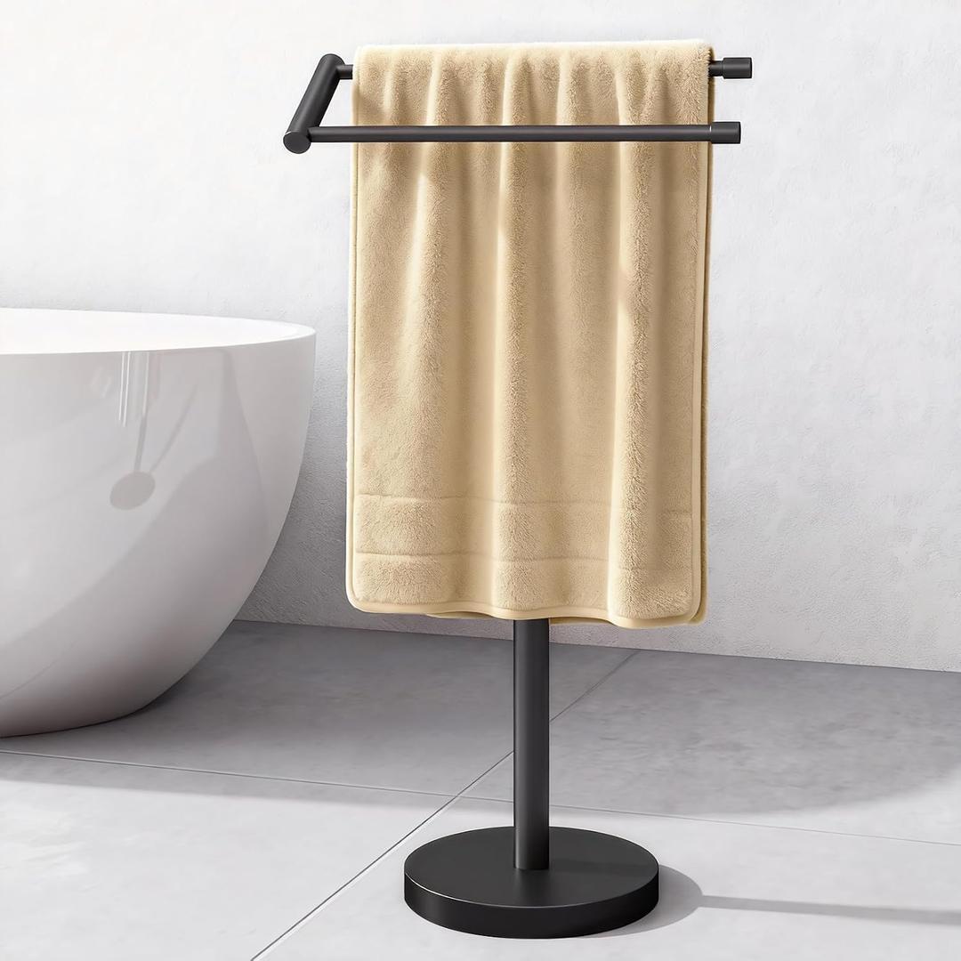 YUMORE Standing Towel Rack T Shape Tall Bath Towel Holder, Modern Towel Drying Holder Stand Floor Towel Rack Stand with Heavy Base, Upgrade Steady Design for Bathroom, Swimming Pool, Matte Black
