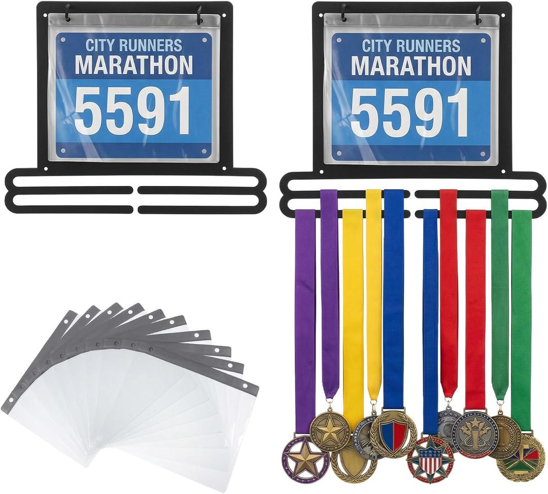 Black Iron Medal Hanger Display - Wall Mounted Running Medal Display with 10 Vinyl Bib Sleeves, Compact Marathon Medals Holder Rack (13.78" x 11.22") Holds 40+ Medals & 20 Race Bibs