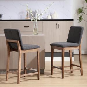 26" Modern Counter Height Bar Stools Set of 2, Farmhouse Linen Upholstered Counter Stools with Back & Metal Footrest, Wooden Kitchen Island Bar Chairs, Grey