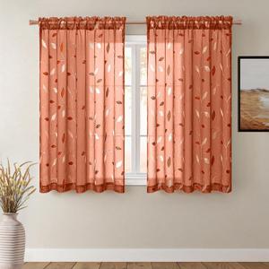 MIULEE Burnt Orange Sheer Curtains 2 Panels Embroidered Leaf Patterned Rod Pocket Floral Semi Faux Linen Short Fall Window Curtains Drapes Set for Kitchen Living Room Bedroom, 52x45 Inches Length