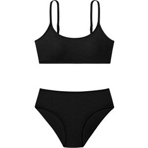 Girls Swimsuit V Neck Bikini Set Color Block with Cover Up 3Pcs Bathing Suits (Black)