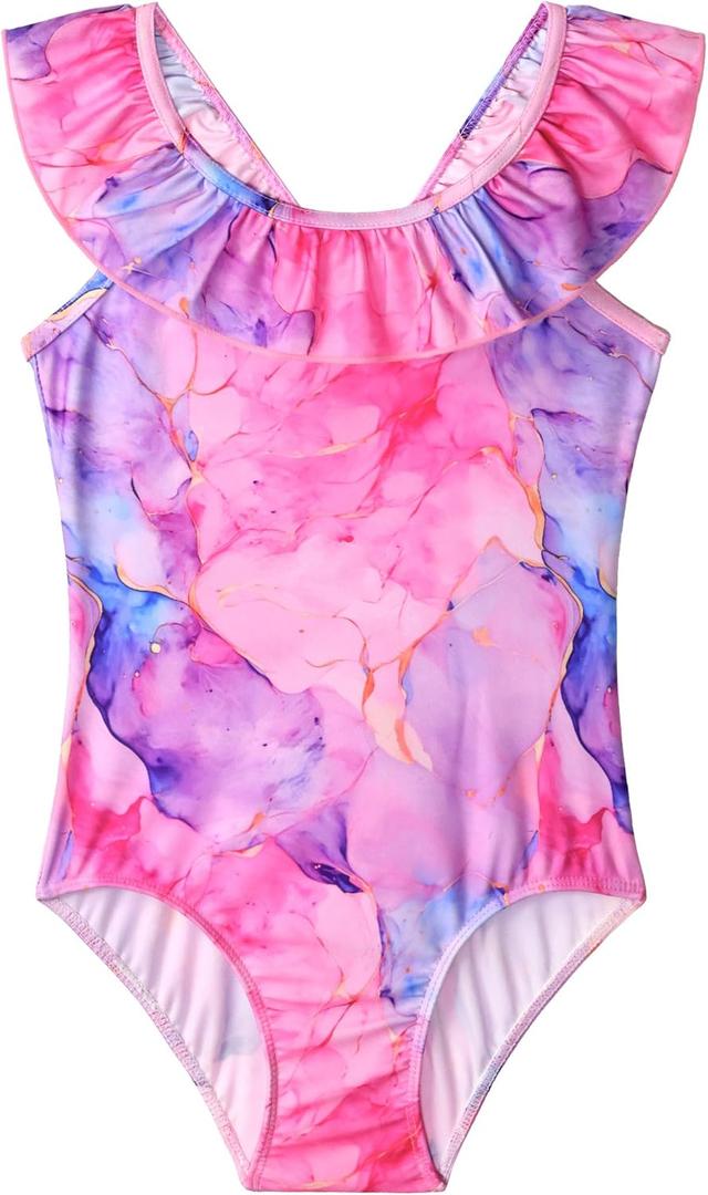 Snowheart Girls Swimsuit One Piece Bathing Suit Kids Quick Dry Shoudler Ruffle Floral Swimwear for 3-12 Years Old (Pink)