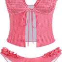 ZAFUL Tankini Swimsuits for Women Smocked Ruffles Tie Front Bowknot Textured High Cut Tanga Tankini Set (Medium)