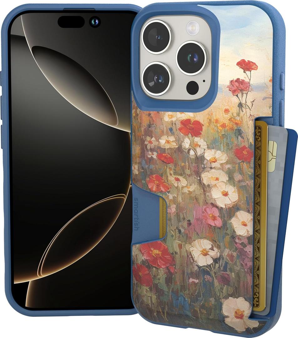 Smartish iPhone 16 Pro Wallet Case - Wallet Slayer Vol. 1 [Slim + Protective] Credit Card Holder - Drop Tested Hidden Flip Card Slot Cover Compatible with Apple iPhone 16 Pro - Wildflower Fields