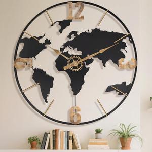 Pytha Sight 30 Inch Large Modern Decorative Metal World Map Wall Clocks Giant Extra Vintage Gold Arabic Numeral Oversized Wall Clock for Living Room,Office,Dining Room,Entryway,Fireplace