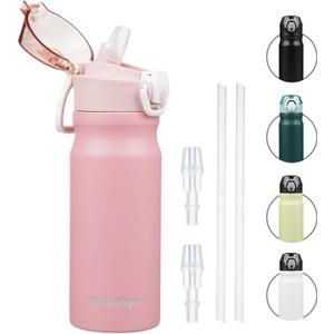 Insulated Water Bottle with Straw and Carry Loop,18 oz Stainless Steel Double Wall Vaccum Metal Water Flask with Leak-proof Lid,Pink