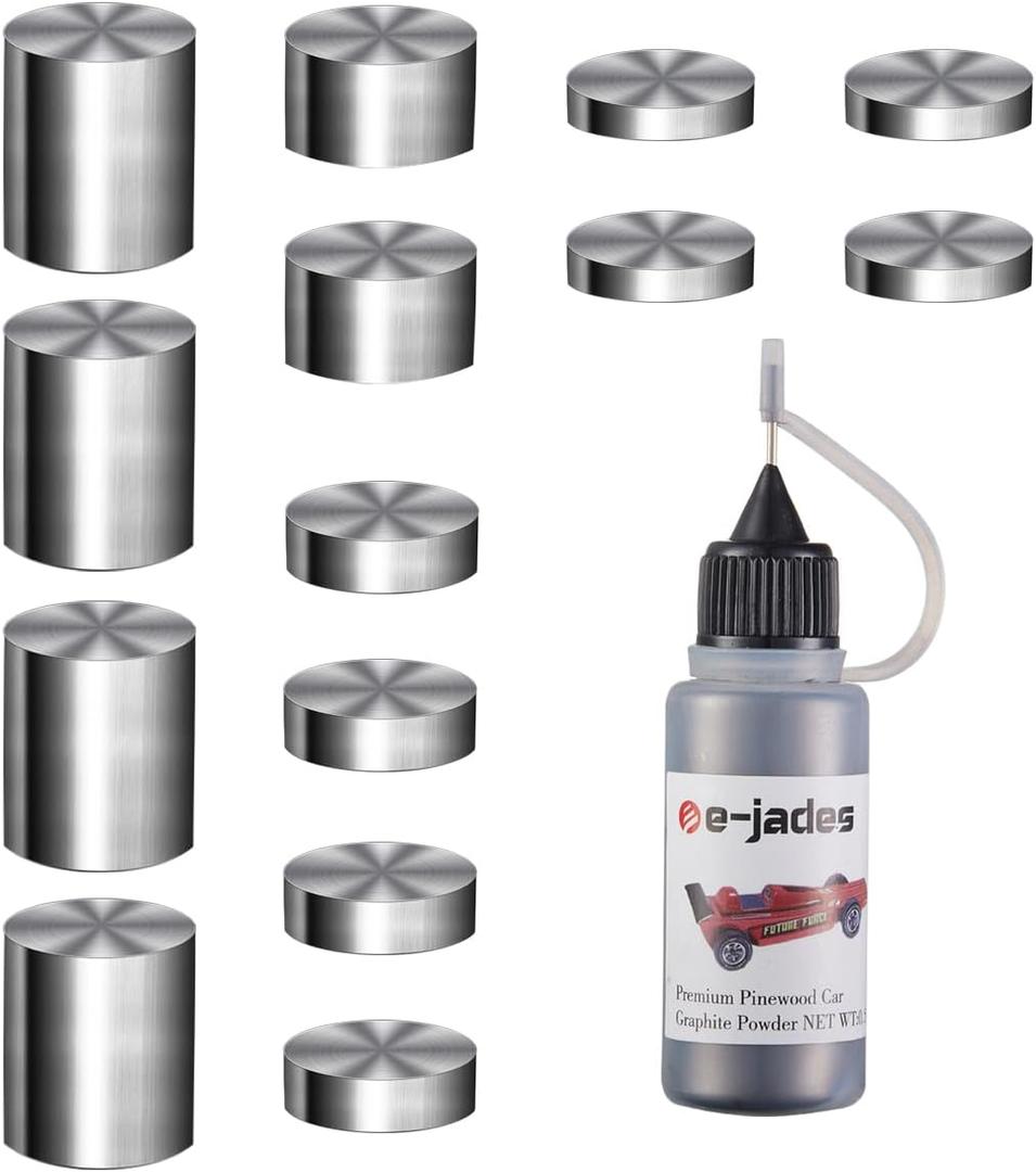 Pinewood Weights Car Kit-Derby Car Tungsten Weights 3.25OZ 14 Pieces 4 Sizes&0.5OZ Graphite Powder Lubricant- Cylindrical Weights-Graphite Lubricant for Derby Car Pine Derby Car Wheels Axles Speed