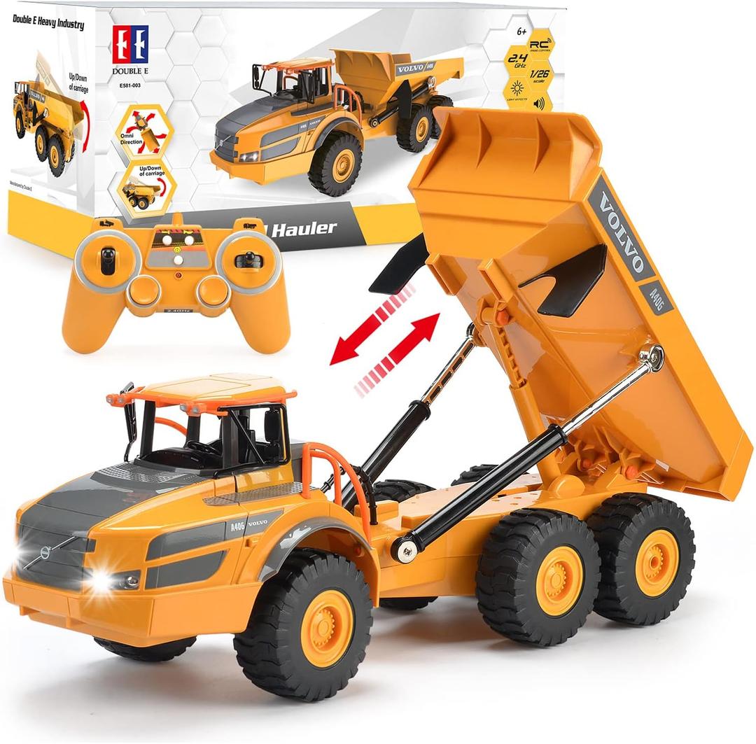 DOUBLE E Volvo RC Dump Truck Toy for Kids, Articulated Hauler, Remote Control Construction Toys Vehicles with Lights, Birthday Gifts Ideas for Boys Age 6 7 8 9 10 Year Old and up, Large