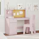 FTZxHKLX Kids Study Desk with Chair, Children Study Table and Chairs for 5-12 Years Old, Wooden Kids Desk and Chair Set with Hutch and Storage Cabinet for Bedroom, Study Room, Pink