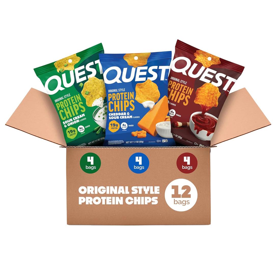 Quest Nutrition Protein Chips Variety Pack, BBQ, Cheddar & Sour Cream, Sour Cream & Onion, High Protein, Low Carb, 1.1 oz (Pack of 12) BBD: 4-08-26