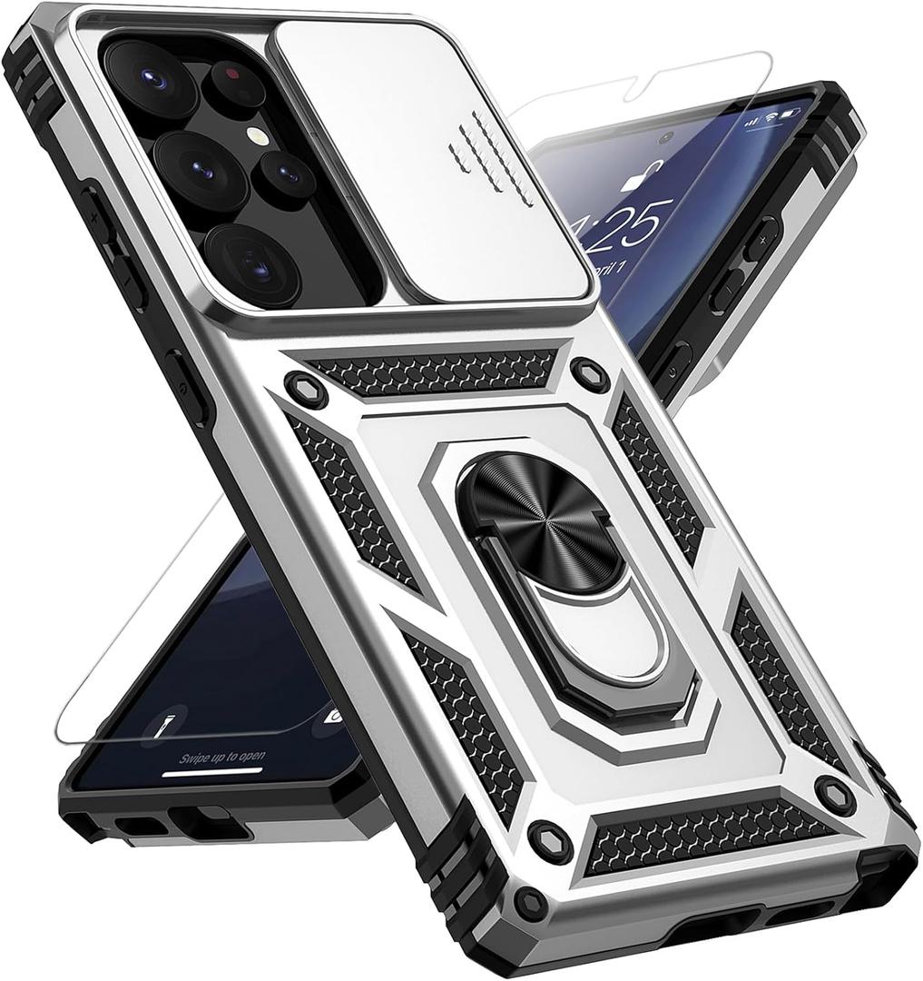 for Samsung Galaxy S25 Ultra Case with Slide Camera Cover HD Screen Protector [Military Grade Drop Tested] Magnetic Ring Holder Kickstand Protective Phone Case for Galaxy S25 Ultra 5G 2025, Silver